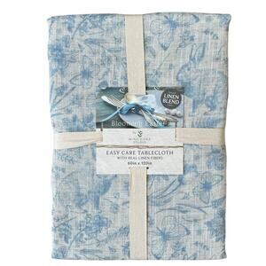 Blooming Easter Blue Bunny Rabbit Floral Tablecloth 60x120 Linen Blend NEW